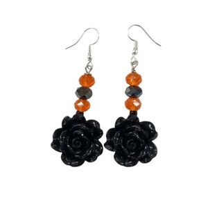 UNBRANDED HANDMADE Acrylic BLACK ROSE Earrings With Chinese CRYSTAL Glass Beads
